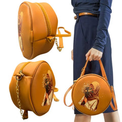 Round Retro Crossbody Handbag | Caramel Faux Leather with Artistic Print for Women