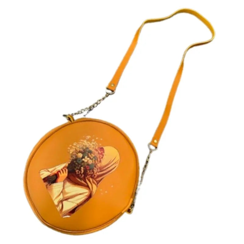Round Retro Crossbody Handbag | Caramel Faux Leather with Artistic Print for Women